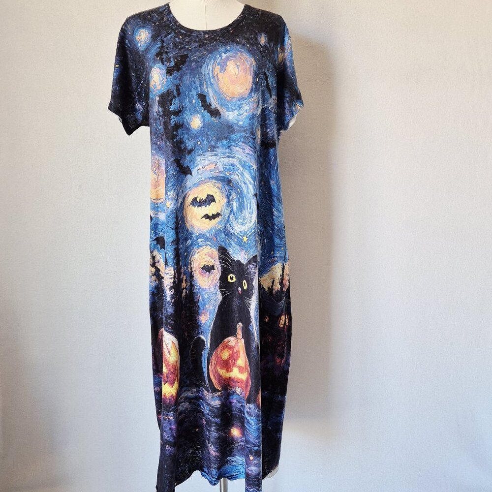 Et' Lois Black Cat Jack-o' Lanterns Van Gogh Starry Night Maxi T-Shirt Dress